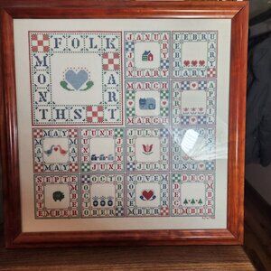 Vintage Folk Art Cross Stitch Wall Hanging Framed Months Design Wooden Frame 198